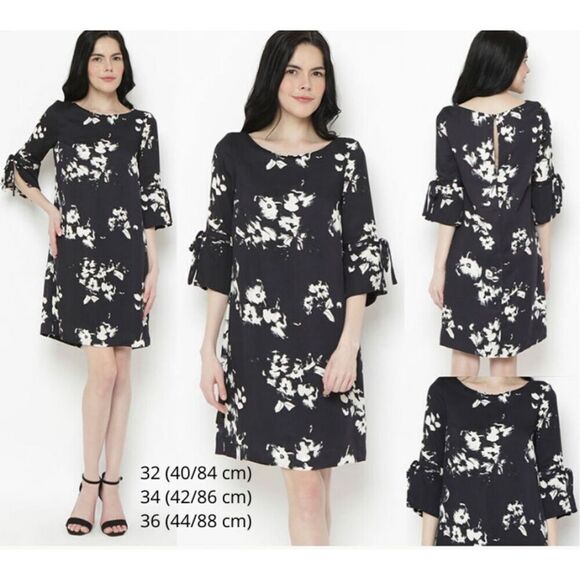 H&M Navy Floral Shift Dress Size 4 3/4 Sleeve Bow Cuff Elegant Cocktail NWT - Picture 1 of 7